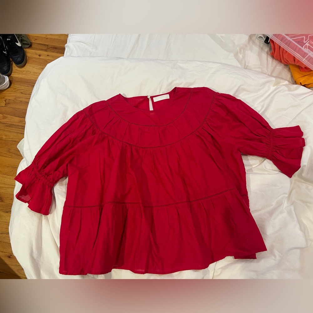 Merlette Sol Blouse in red with lace detail and puffed Tiered 3/4 Sleeve